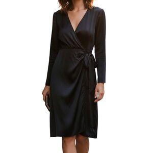 H and M Faux Wrap Dress Womens S Black‎ Long Sleeve Midi Ruched Tie Satin